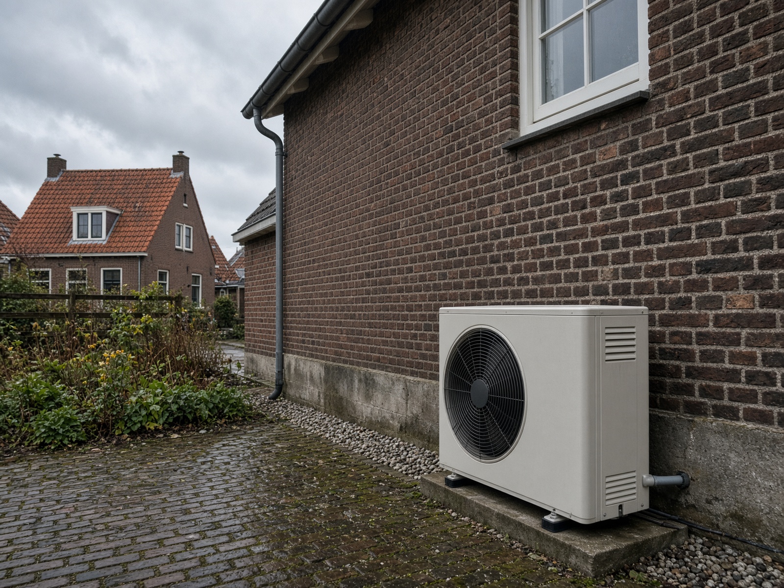 Lucht-water warmtepomp tegen een Nederlandse gevel