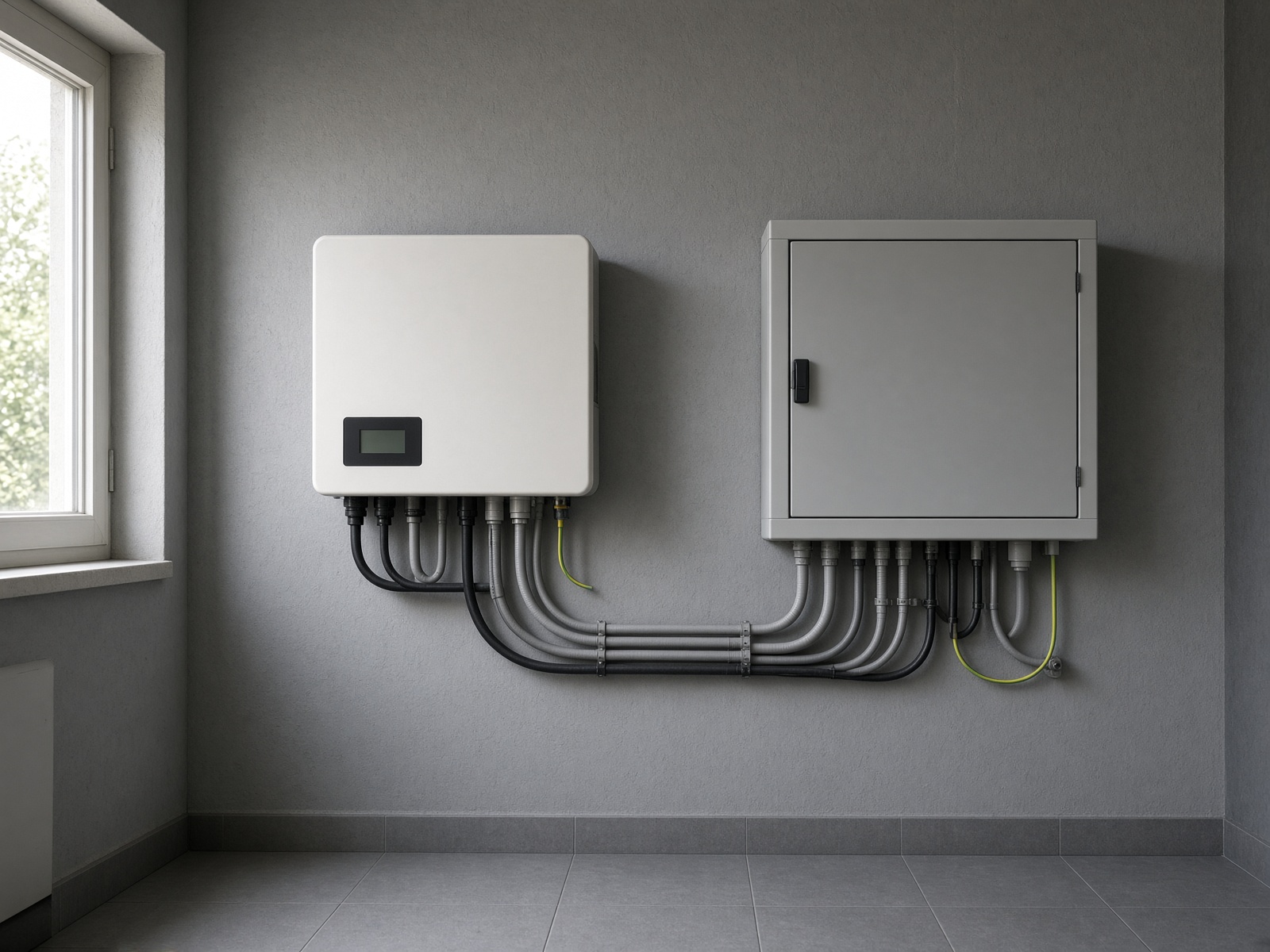 Omvormer van zonnepanelen naast de groepenkast